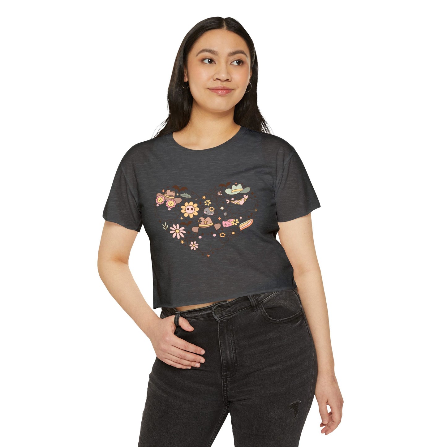 Women's crop Top with Floral Ghost Design, Summer T-Shirt, Boho Style Top, Festival Wear, Cute Casual Summer Shirt
