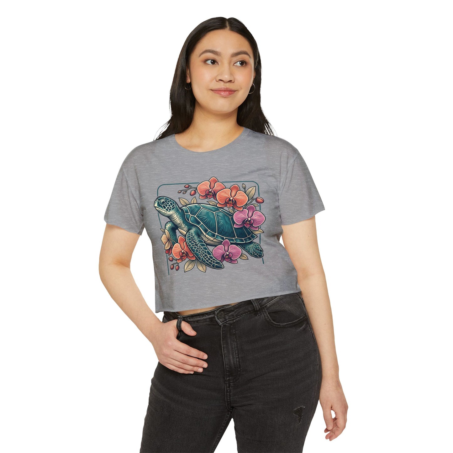 Turtle Floral Crop Top — Women’s Tropical Sea Turtle Graphic Tee