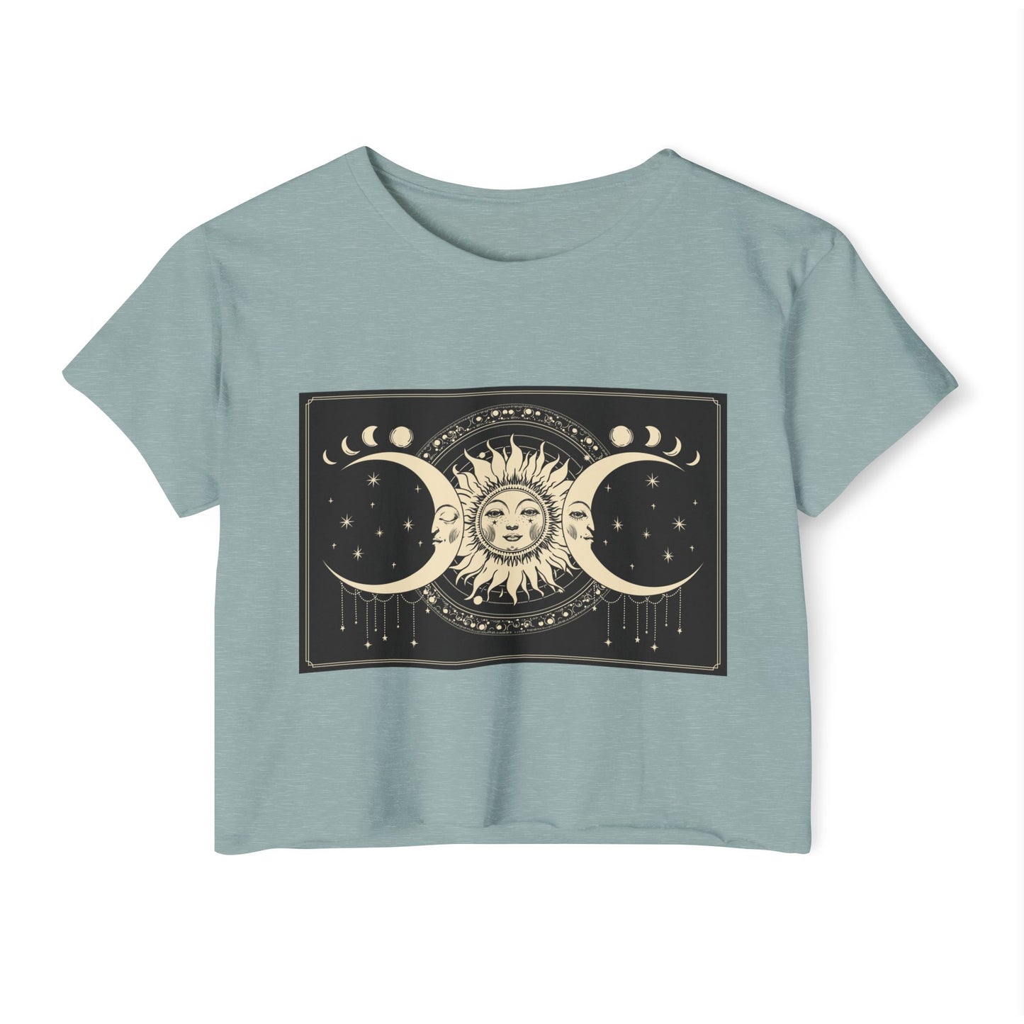 Celestial Sun & Moon Crop Top — Boho Festival Women's Tee