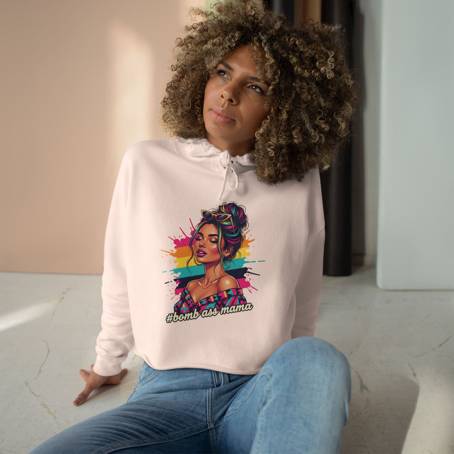 Colorful Pop Art Woman Crop Hoodie | Retro Paint Splash Portrait, Bad A*s Mama pullover