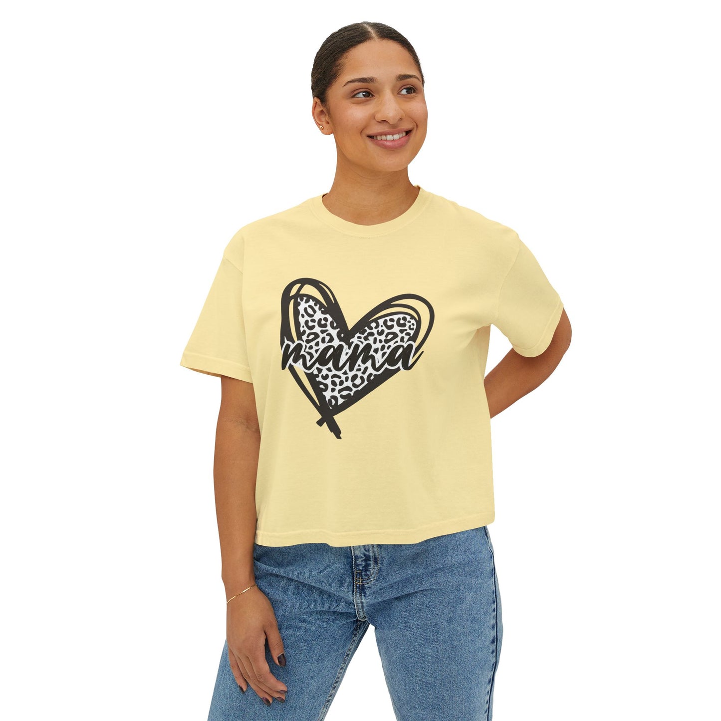 Mama Leopard Heart Boxy Tee — Cute Mother's Day Casual Top