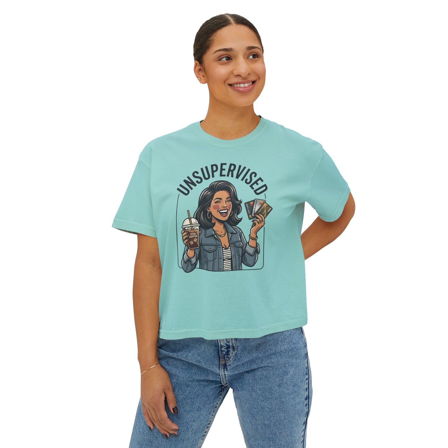 Unsupervised Women's Boxy Tee — Funny Graphic Coffee & Cards Design