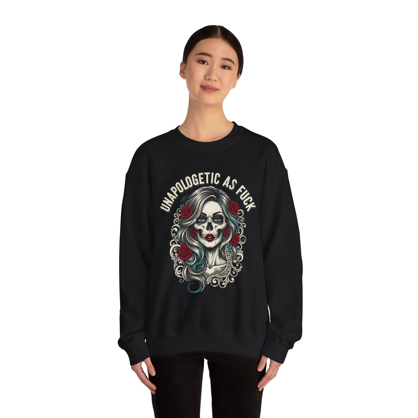 Unapologetic Skull Girl Crewneck Sweatshirt | Day of the Dead Floral Graphic
