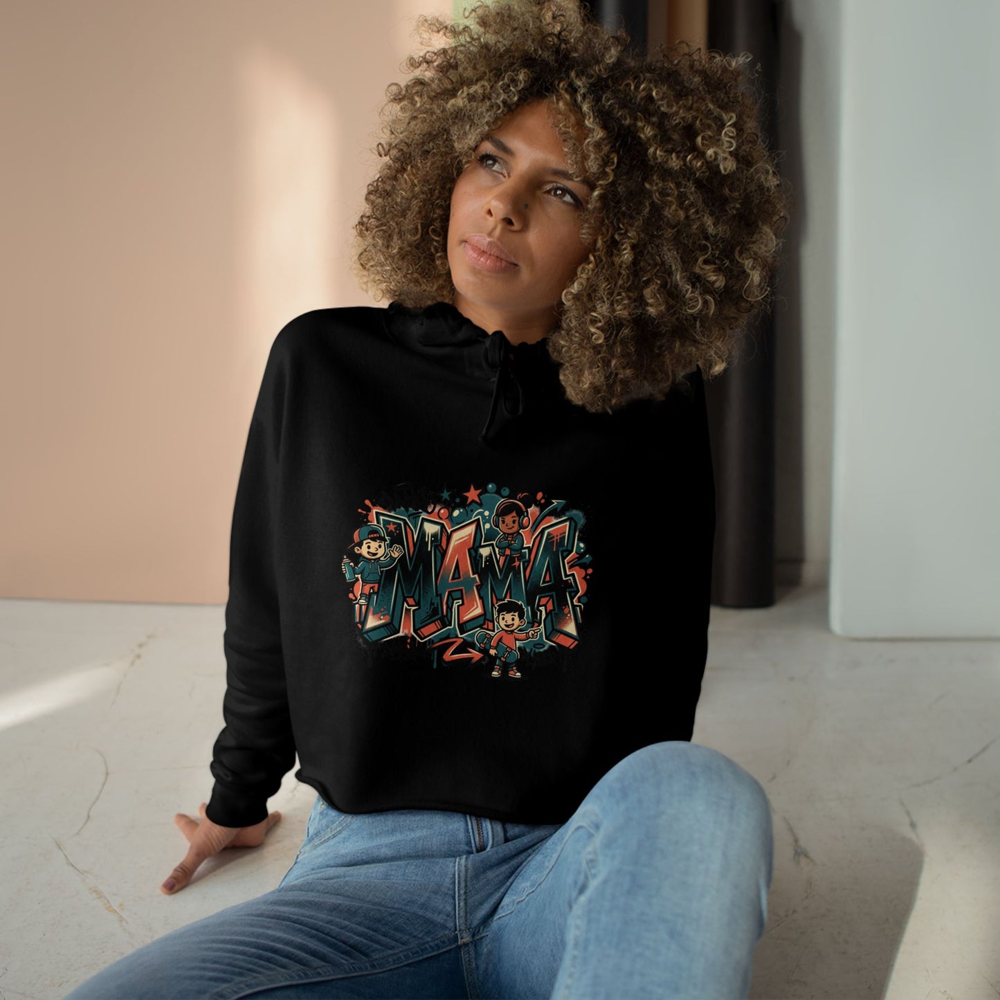 Graffiti Mural Cartoon Characters Crop Hoodie | Urban Street Art, Colorful Lettering