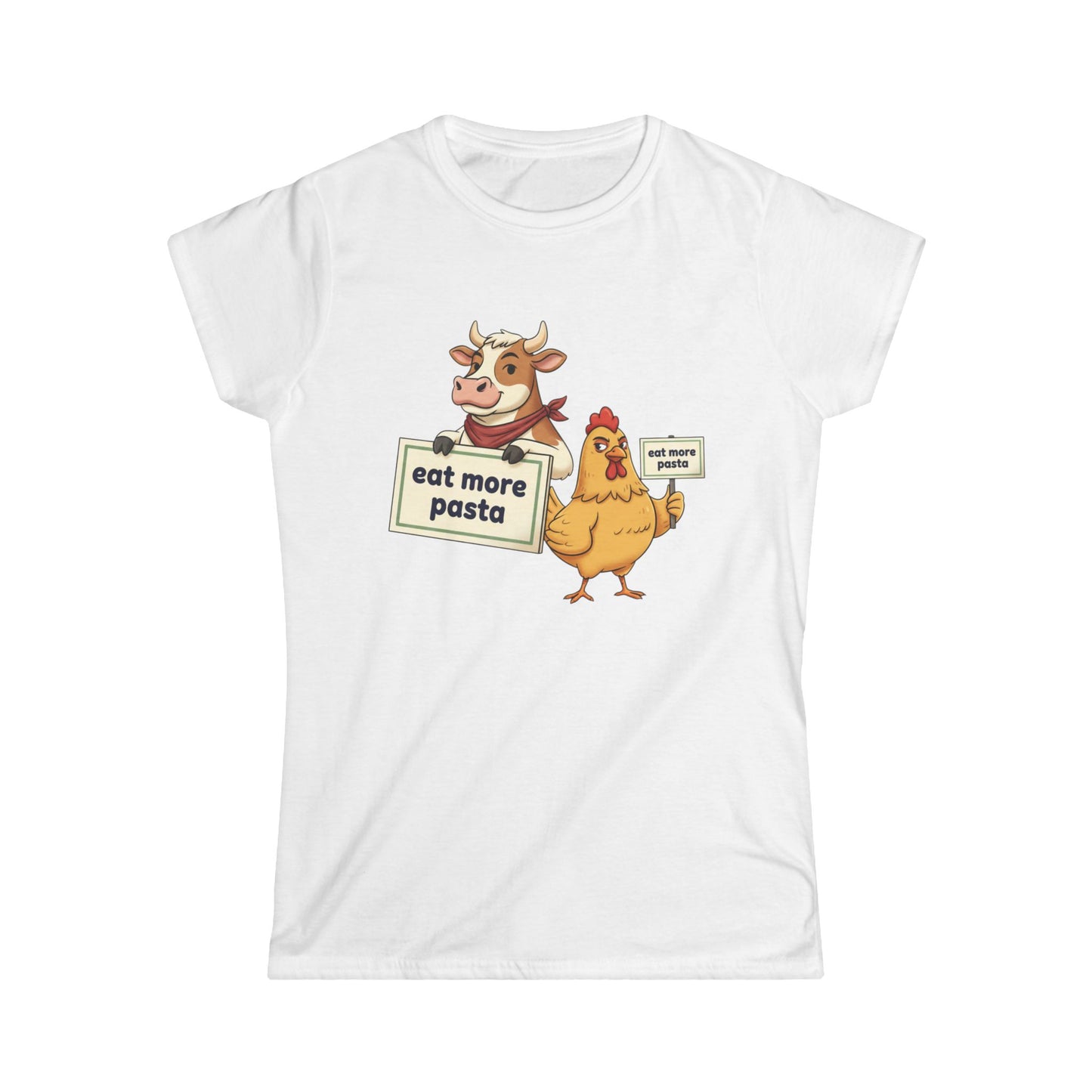 Women's Tee – Cute Cow & Chicken "Eat More Pasta" Cartoon Graphic