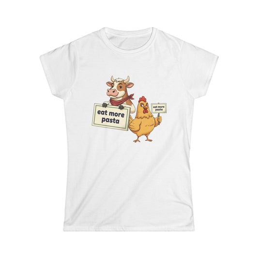 Women's Tee – Cute Cow & Chicken "Eat More Pasta" Cartoon Graphic
