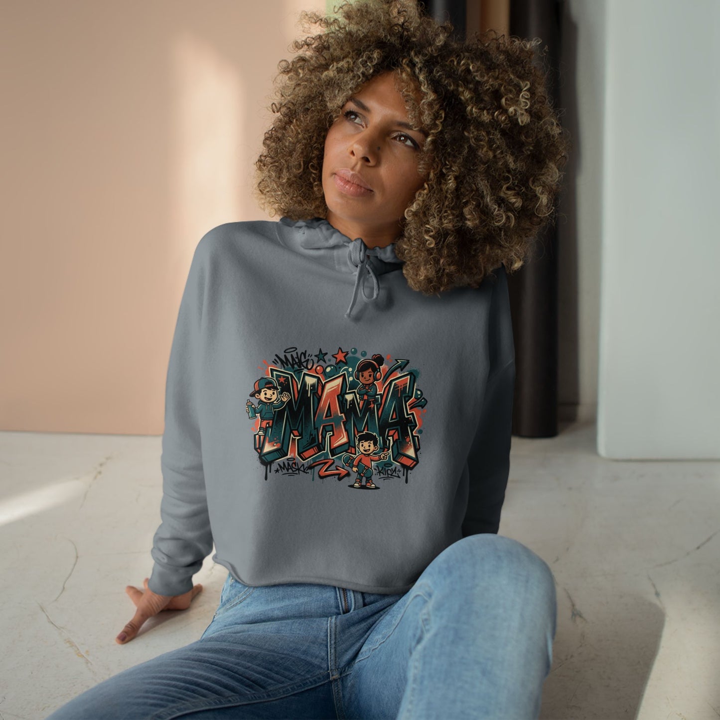 Graffiti Mural Cartoon Characters Crop Hoodie | Urban Street Art, Colorful Lettering