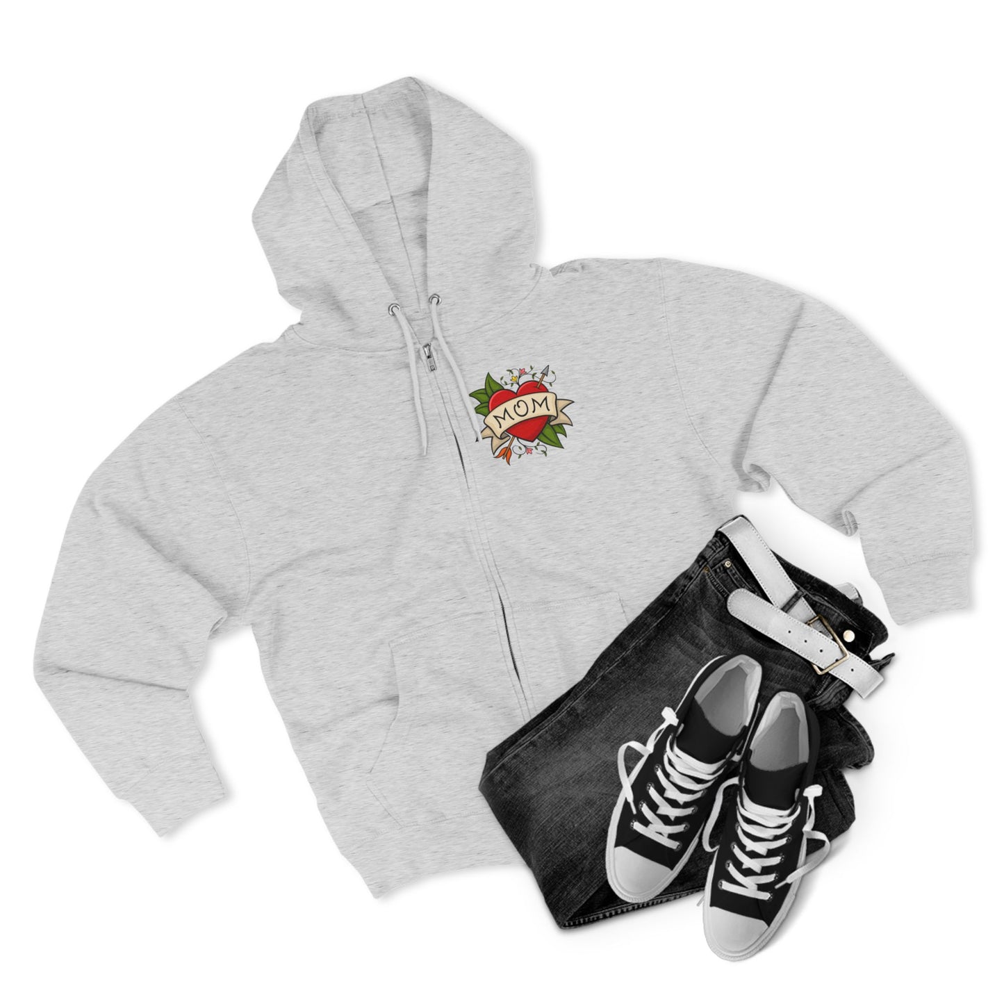 Mom Heart Tattoo Zip Hoodie | Retro Traditional Mom Tattoo Design