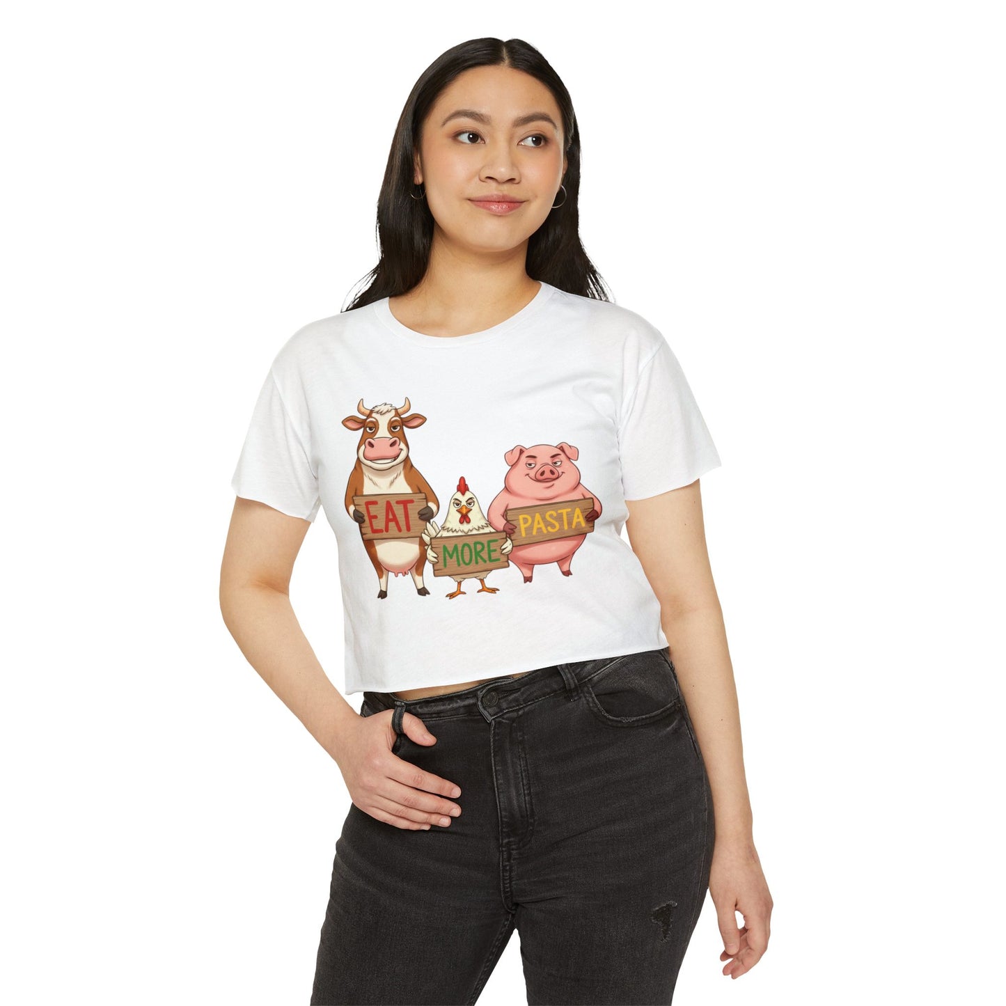 Eat More Pasta cow chicken pig design Crop Top | farm animal illustration, funny