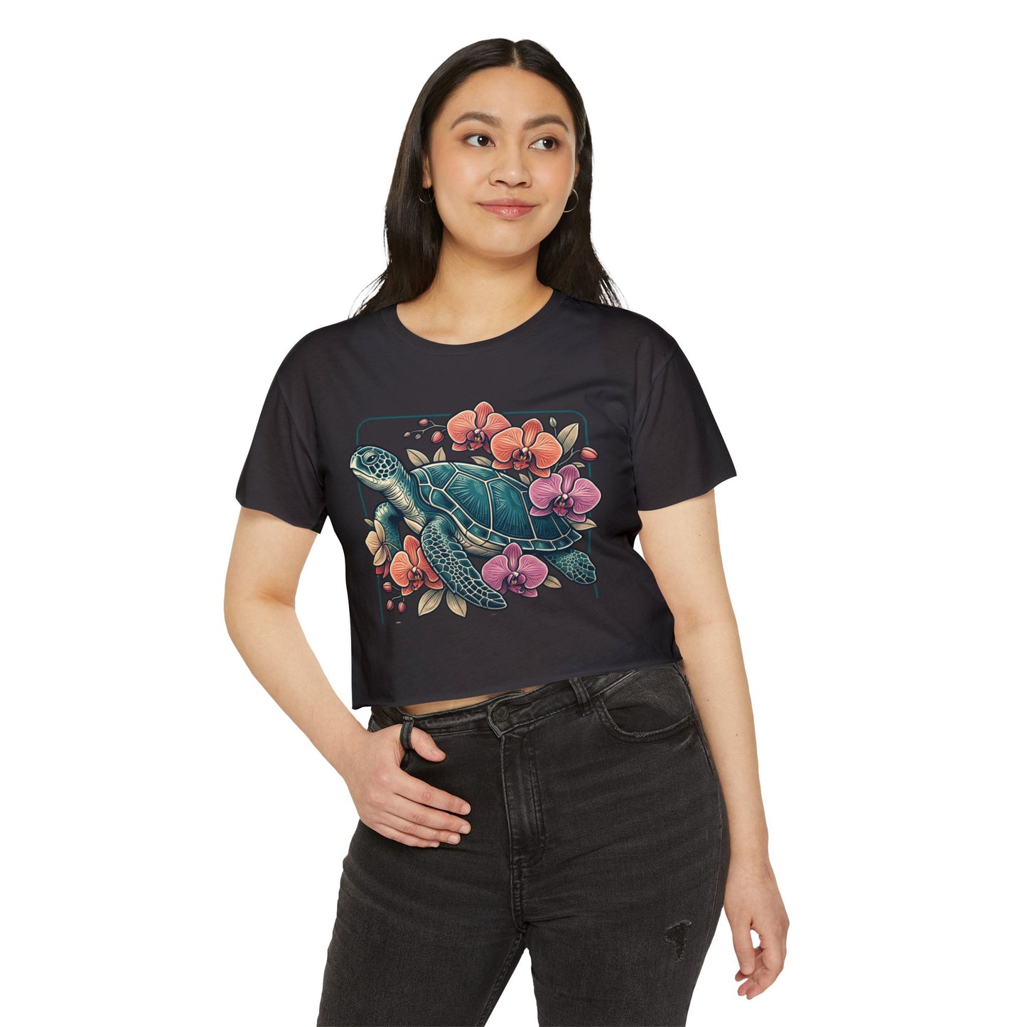 Turtle Floral Crop Top — Women’s Tropical Sea Turtle Graphic Tee