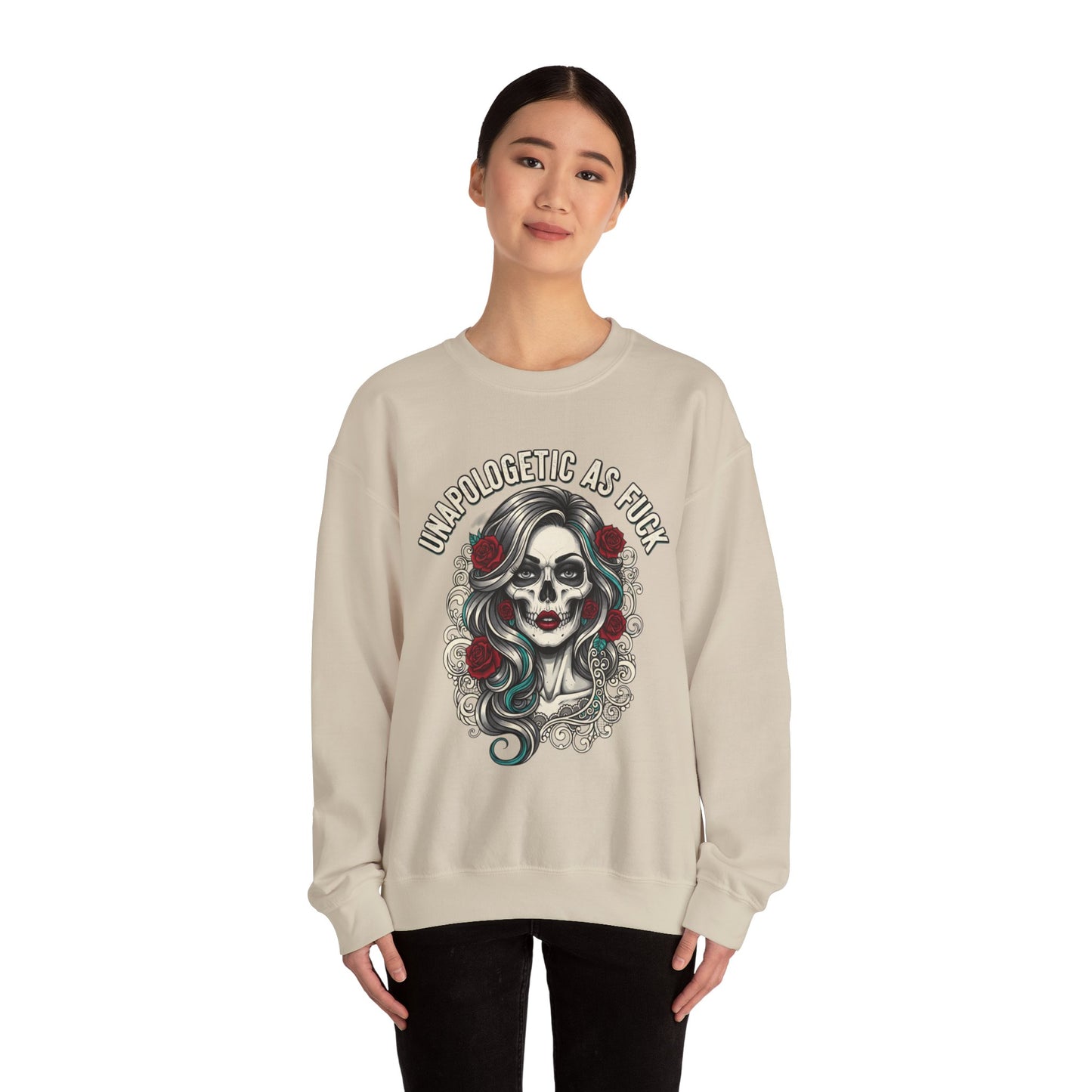 Unapologetic Skull Girl Crewneck Sweatshirt | Day of the Dead Floral Graphic
