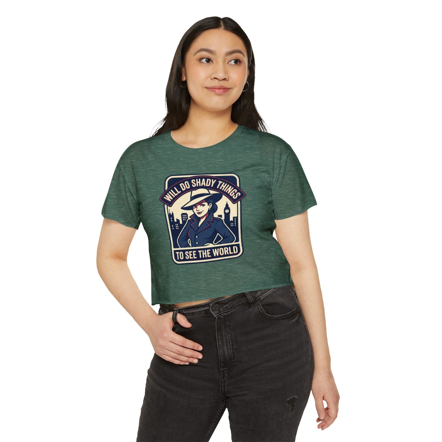Crop Top — "Will Do Shady Things to See the World" Retro Travel Graphic