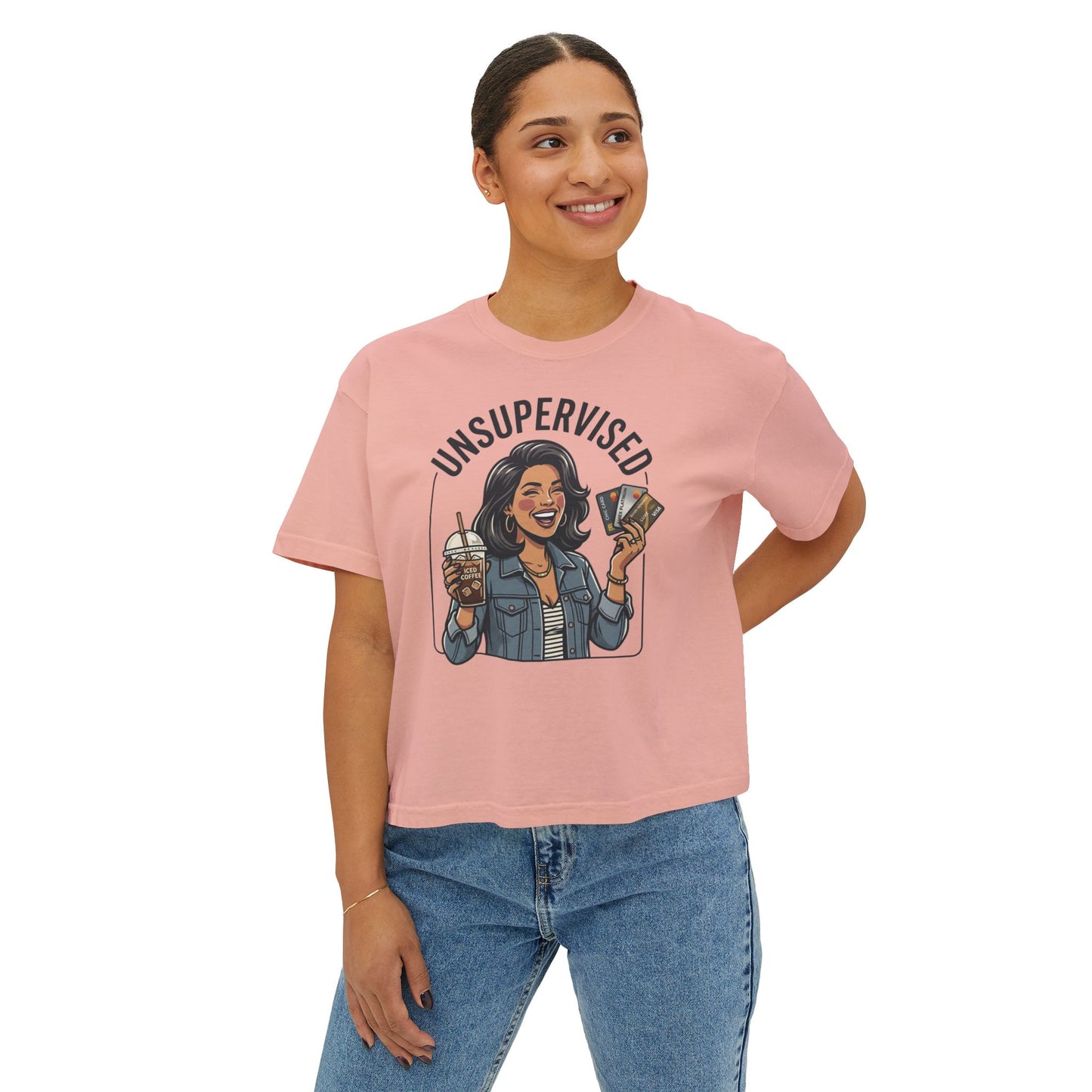 Unsupervised Women's Boxy Tee — Funny Graphic Coffee & Cards Design