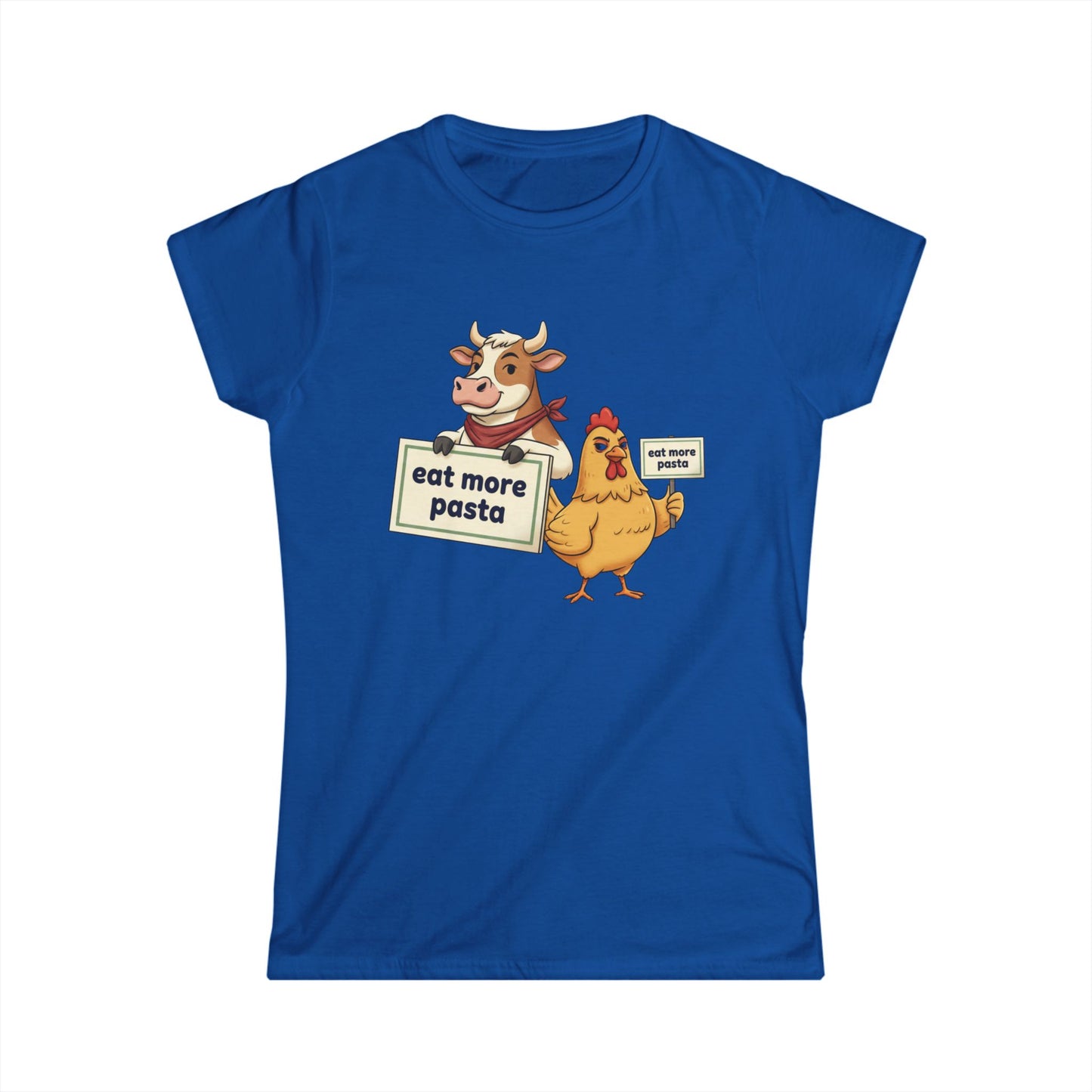Women's Tee – Cute Cow & Chicken "Eat More Pasta" Cartoon Graphic