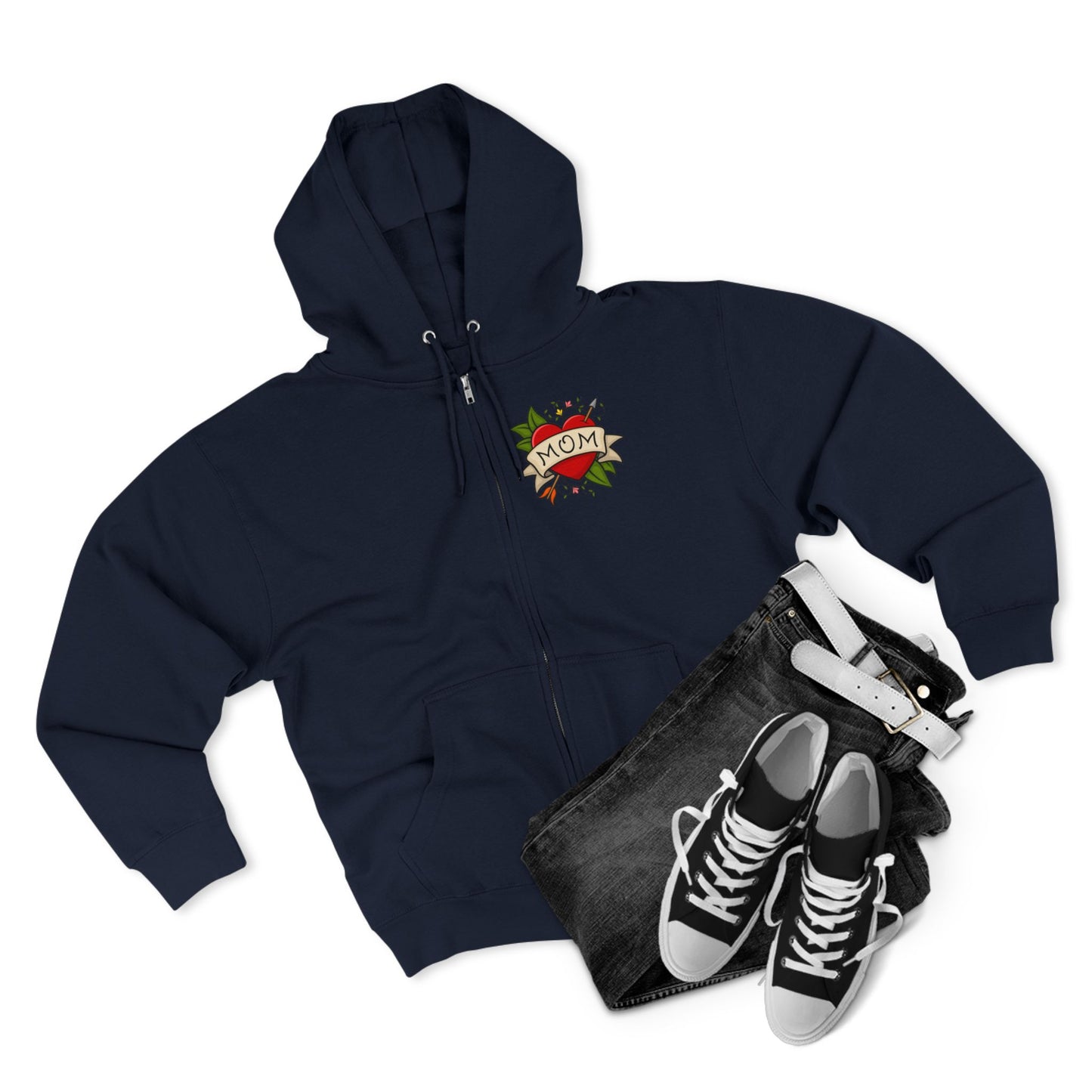 Mom Heart Tattoo Zip Hoodie | Retro Traditional Mom Tattoo Design