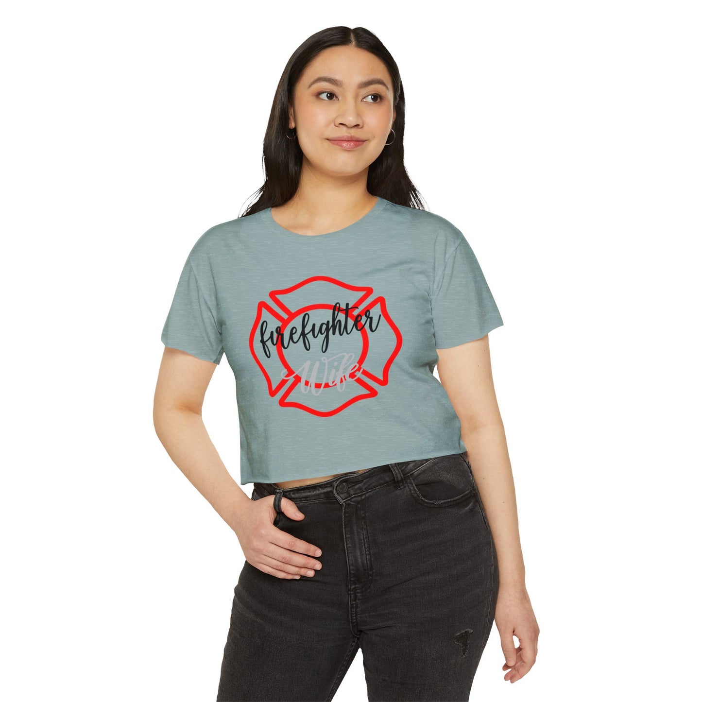 Firefighter Wife Crop Top — Women’s Festival Tee with Maltese Cross Design