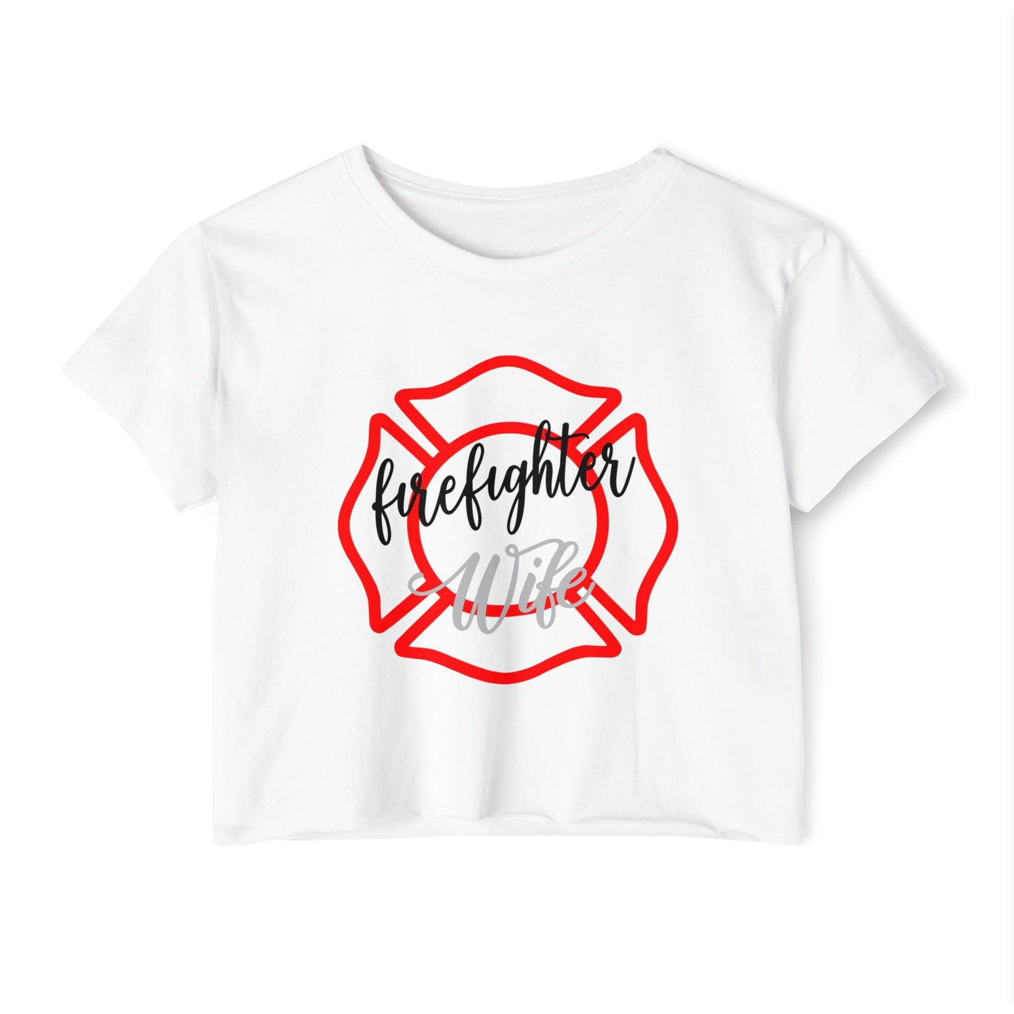 Firefighter Wife Crop Top — Women’s Festival Tee with Maltese Cross Design