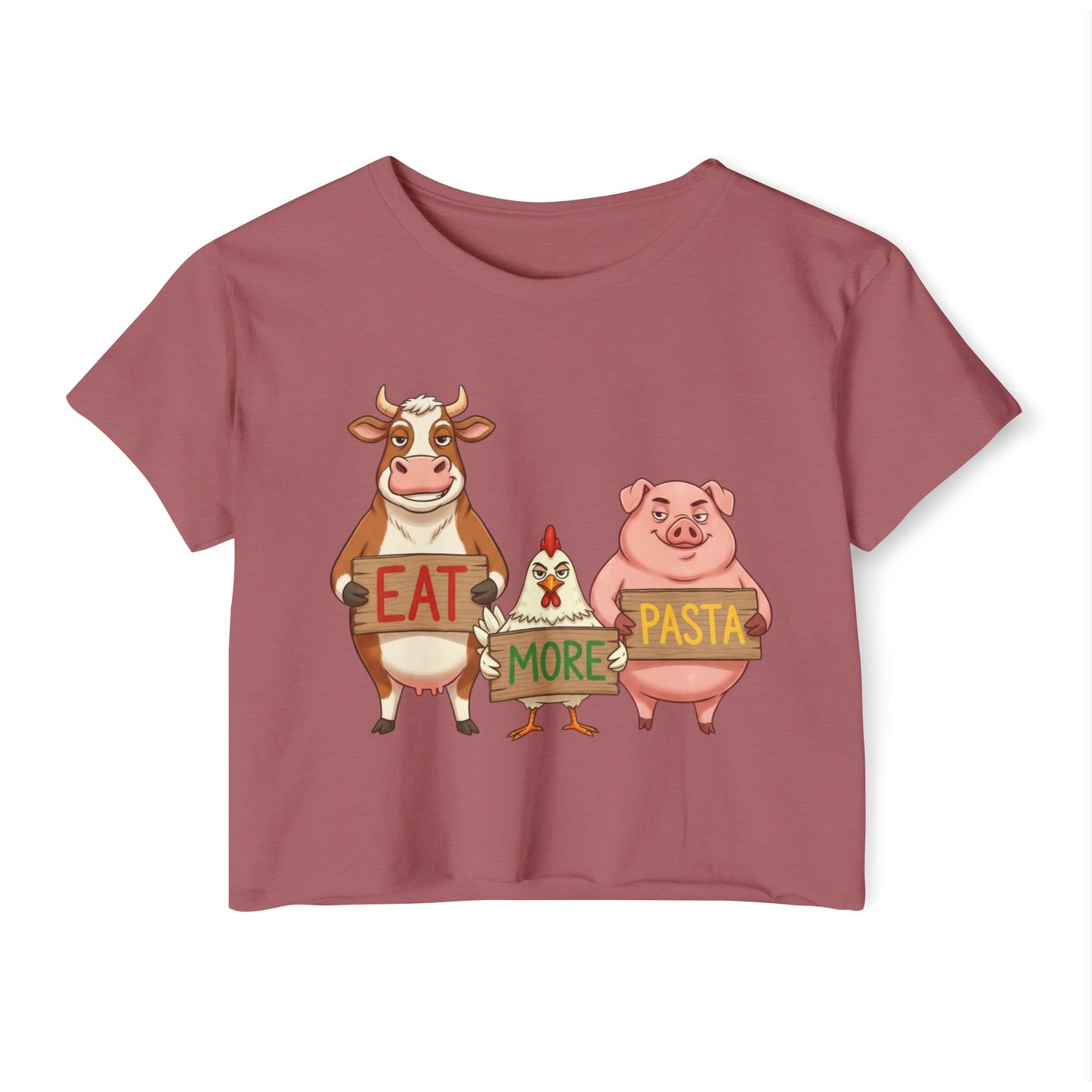 Eat More Pasta cow chicken pig design Crop Top | farm animal illustration, funny