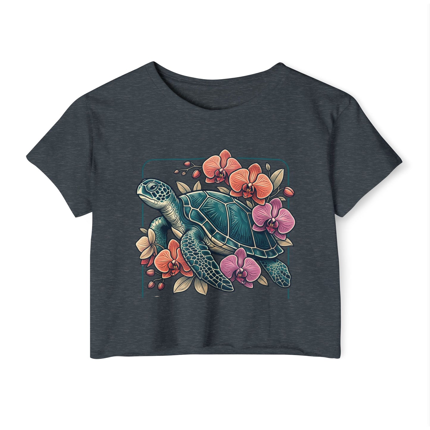 Turtle Floral Crop Top — Women’s Tropical Sea Turtle Graphic Tee