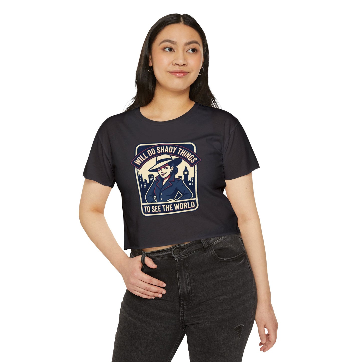 Crop Top — "Will Do Shady Things to See the World" Retro Travel Graphic
