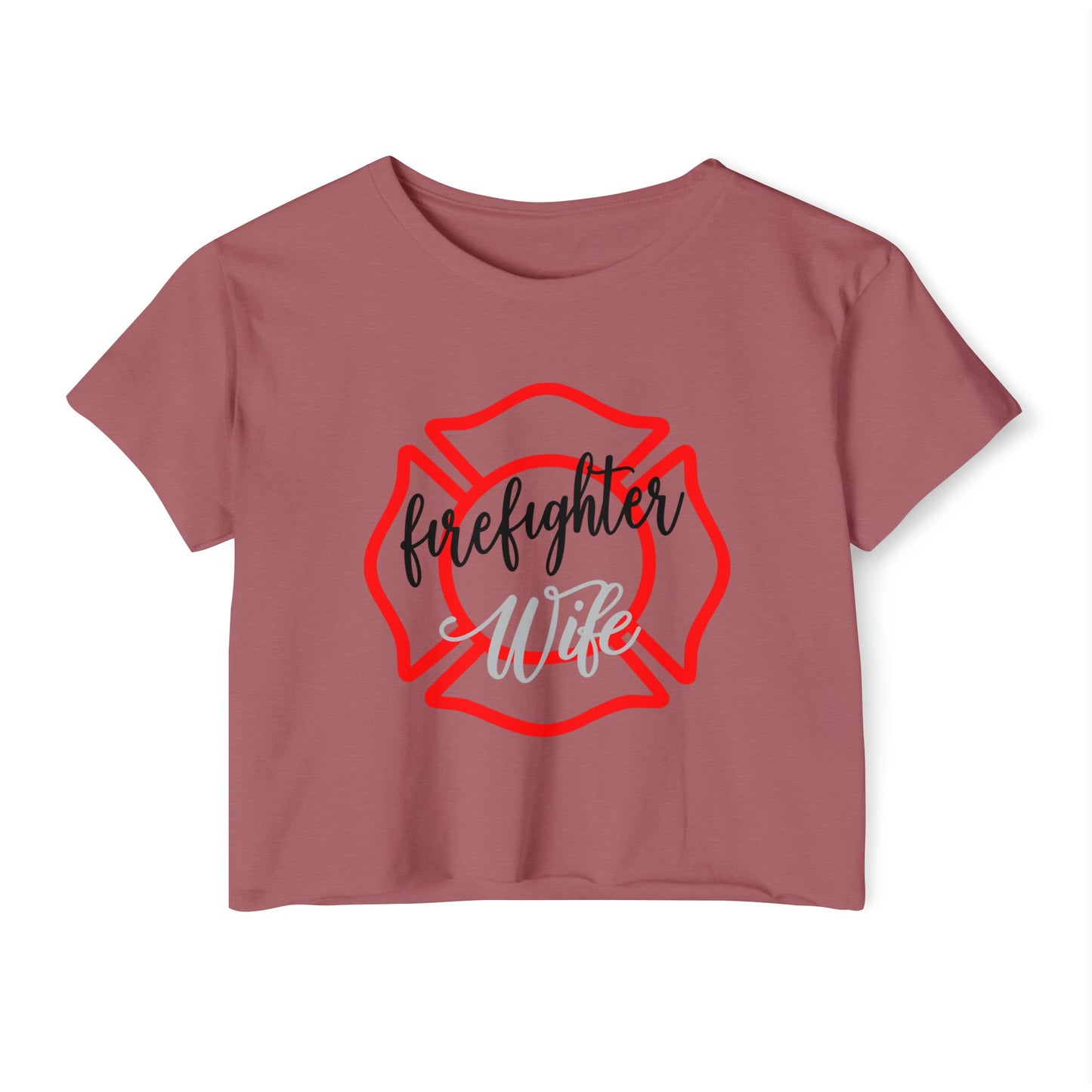 Firefighter Wife Crop Top — Women’s Festival Tee with Maltese Cross Design