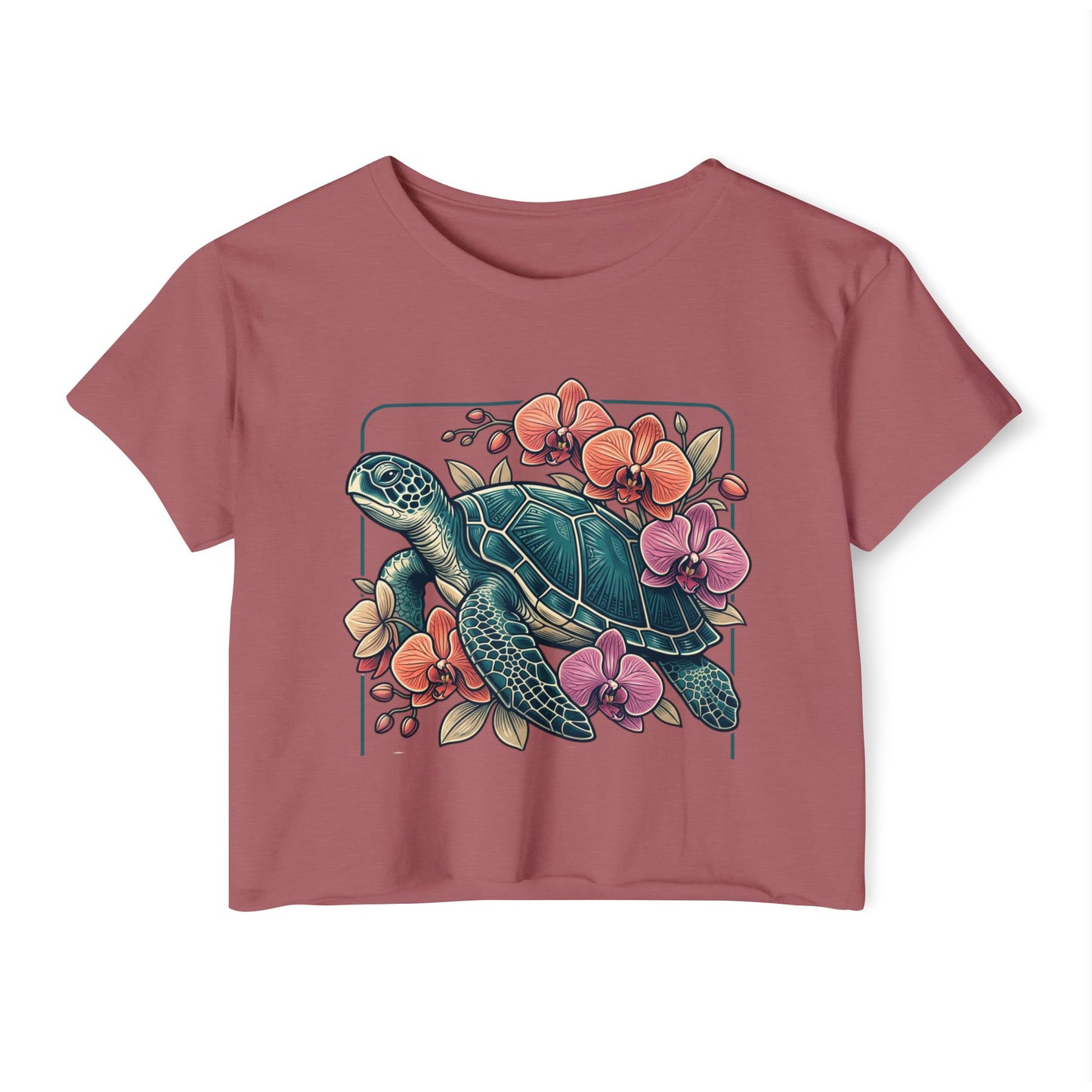 Turtle Floral Crop Top — Women’s Tropical Sea Turtle Graphic Tee