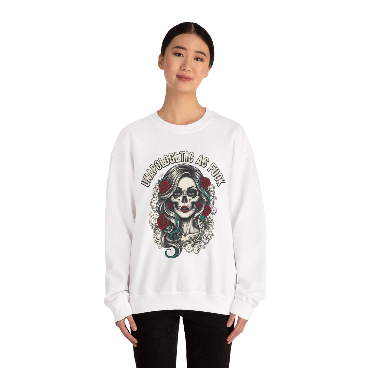 Unapologetic Skull Girl Crewneck Sweatshirt | Day of the Dead Floral Graphic