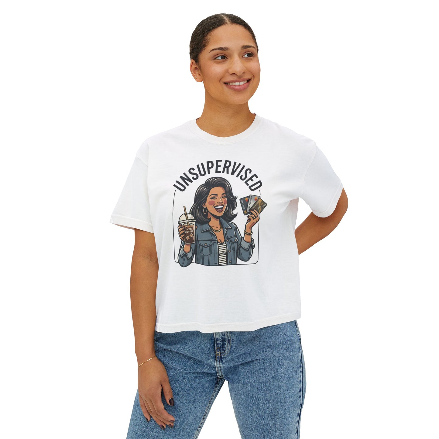 Unsupervised Women's Boxy Tee — Funny Graphic Coffee & Cards Design