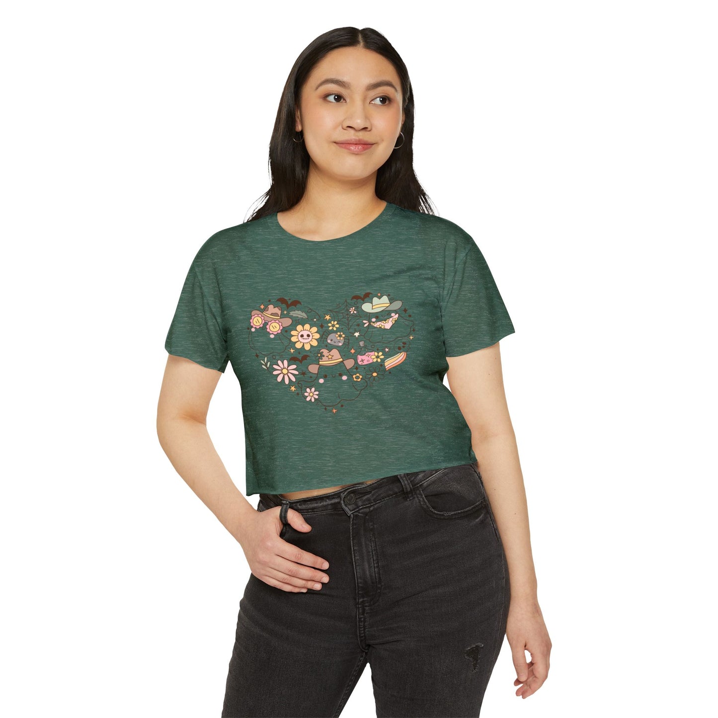 Women's crop Top with Floral Ghost Design, Summer T-Shirt, Boho Style Top, Festival Wear, Cute Casual Summer Shirt