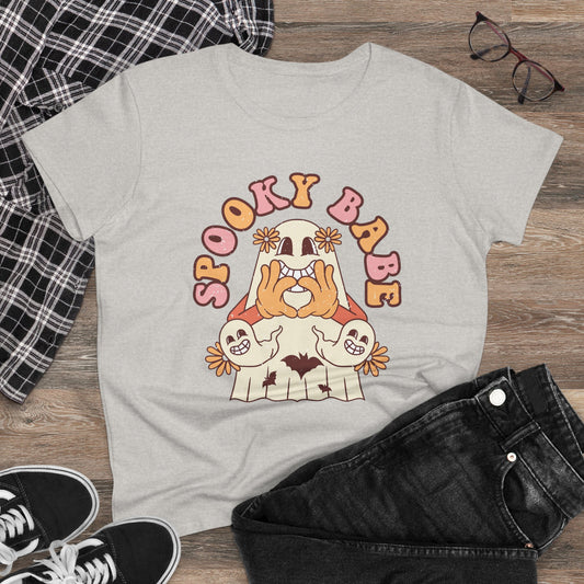 Spooky Babe Tee, Women's Midweight Cotton T-Shirt, Halloween Fashion, Casual Halloween Attire, Vintage Graphic Tee, Trendy Fall Shirt