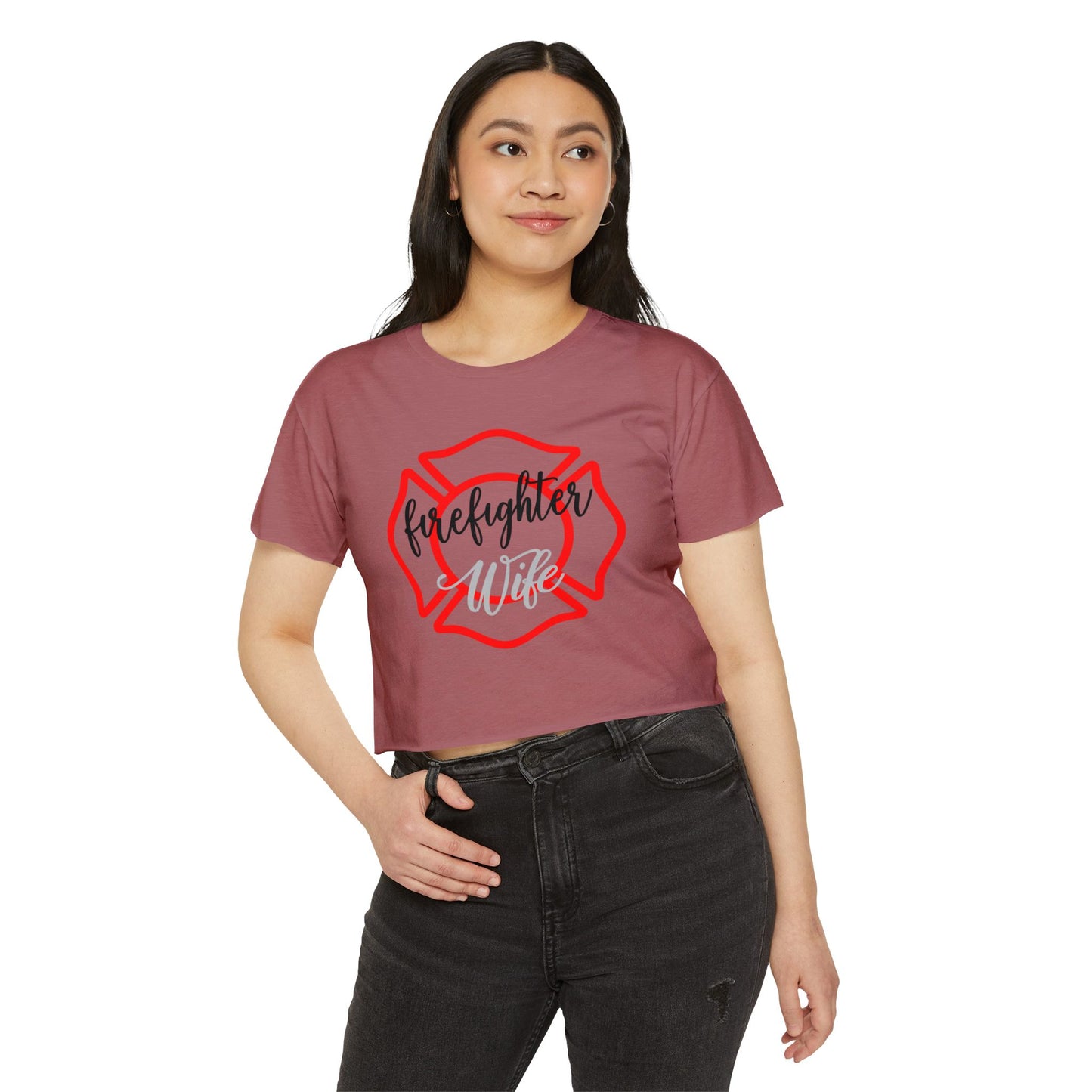 Firefighter Wife Crop Top — Women’s Festival Tee with Maltese Cross Design