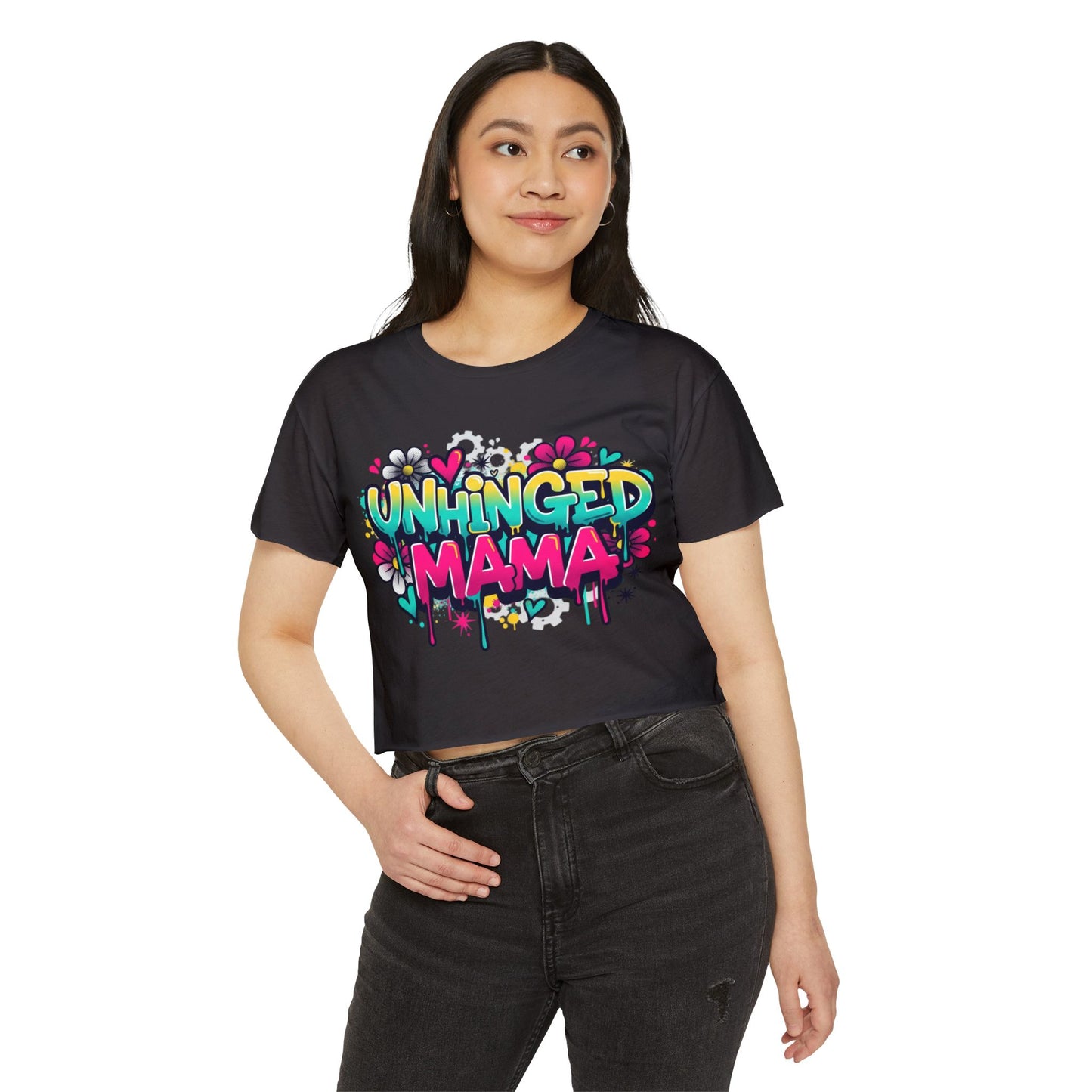 Unhinged Mama crop top | Graffiti mom design, colorful floral street art
