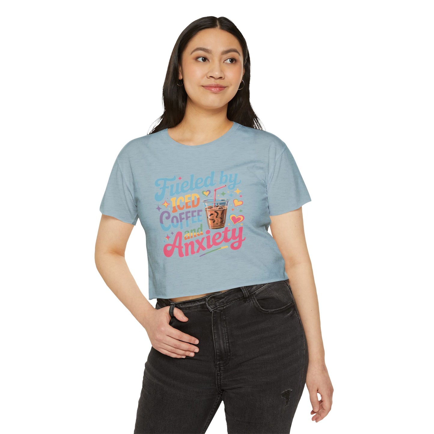 Festival Crop Top — "Fueled by Iced Coffee and Anxiety" Cute Graphic Tee for Women