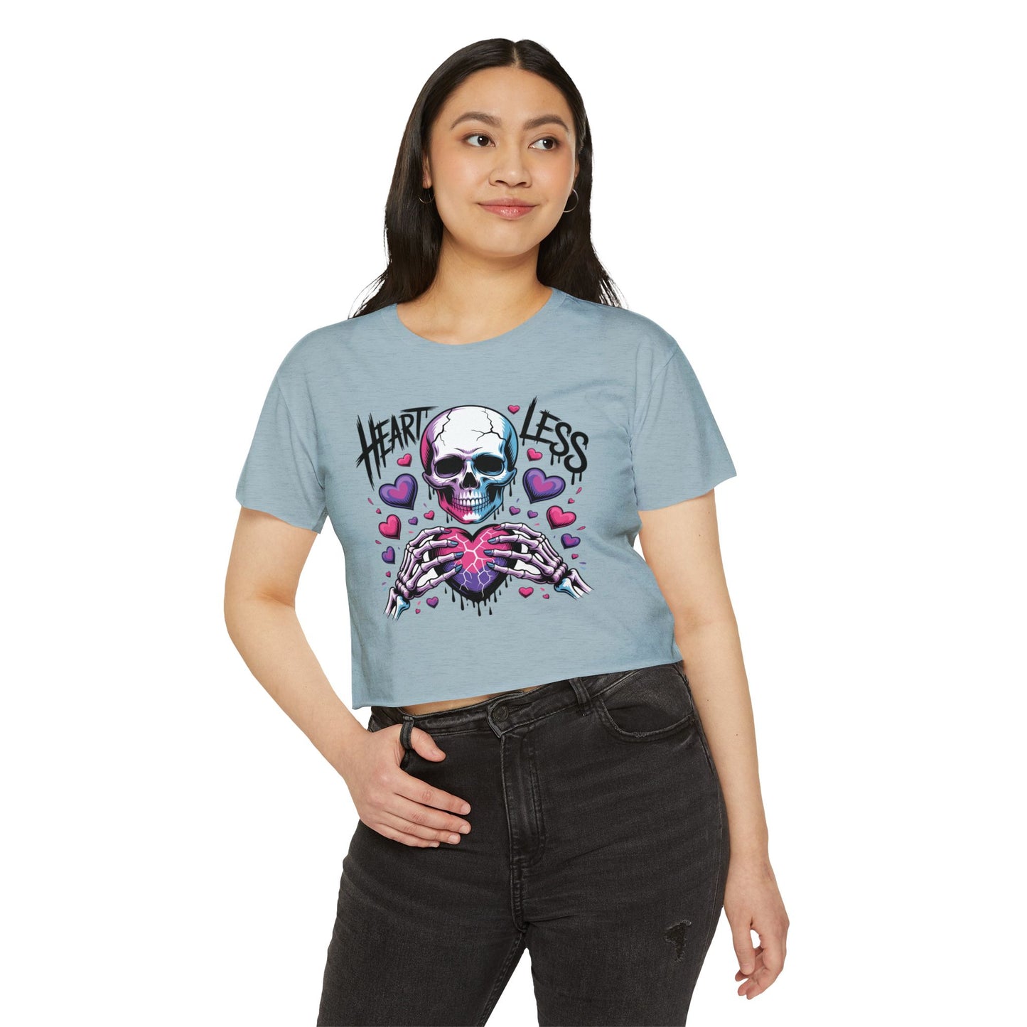 Heartless Skull Heart crop top | skull with pink hearts, edgy festival tee