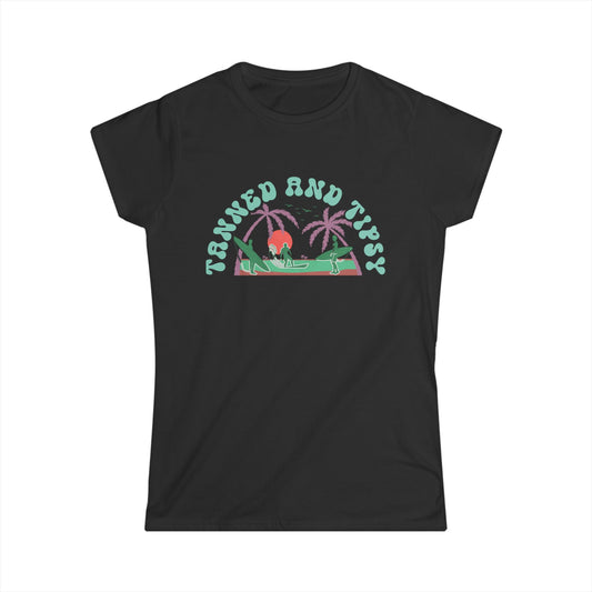 Tropical Vibes Tee - "Tanned and Tipsy" Women's Softstyle Shirt, Summer Casual Wear, Vacation Essentials, Gift for Her, Beach Day Top