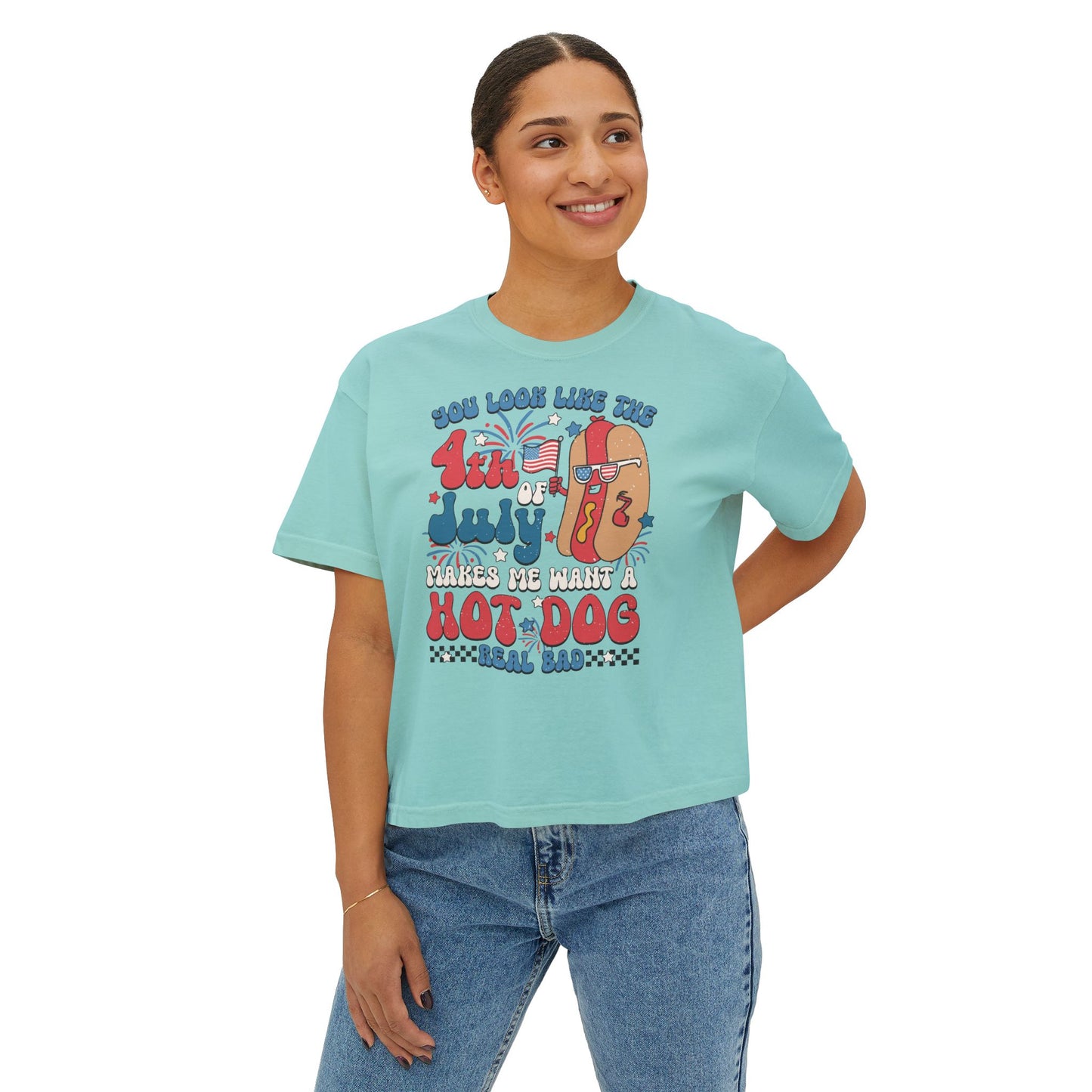 Patriotic July 4th Boxy Tee, Casual Summer Top, Fun Holiday Wear, Firework Theme Shirt, Independence Day T-Shirt