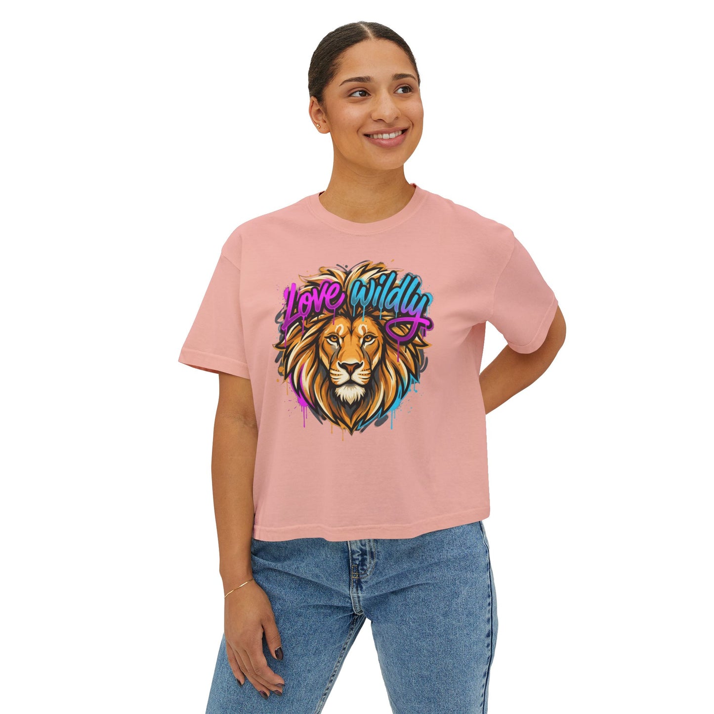 Love Wildly Lion Graphic Tee | Women's Boxy Tee, Colorful Lion Illustration