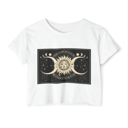 Celestial Sun & Moon Crop Top — Boho Festival Women's Tee