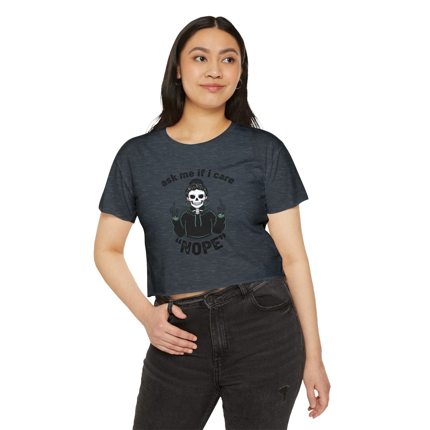 Crop Top — "Ask Me If I Care" Skull Graphic Festival Shirt