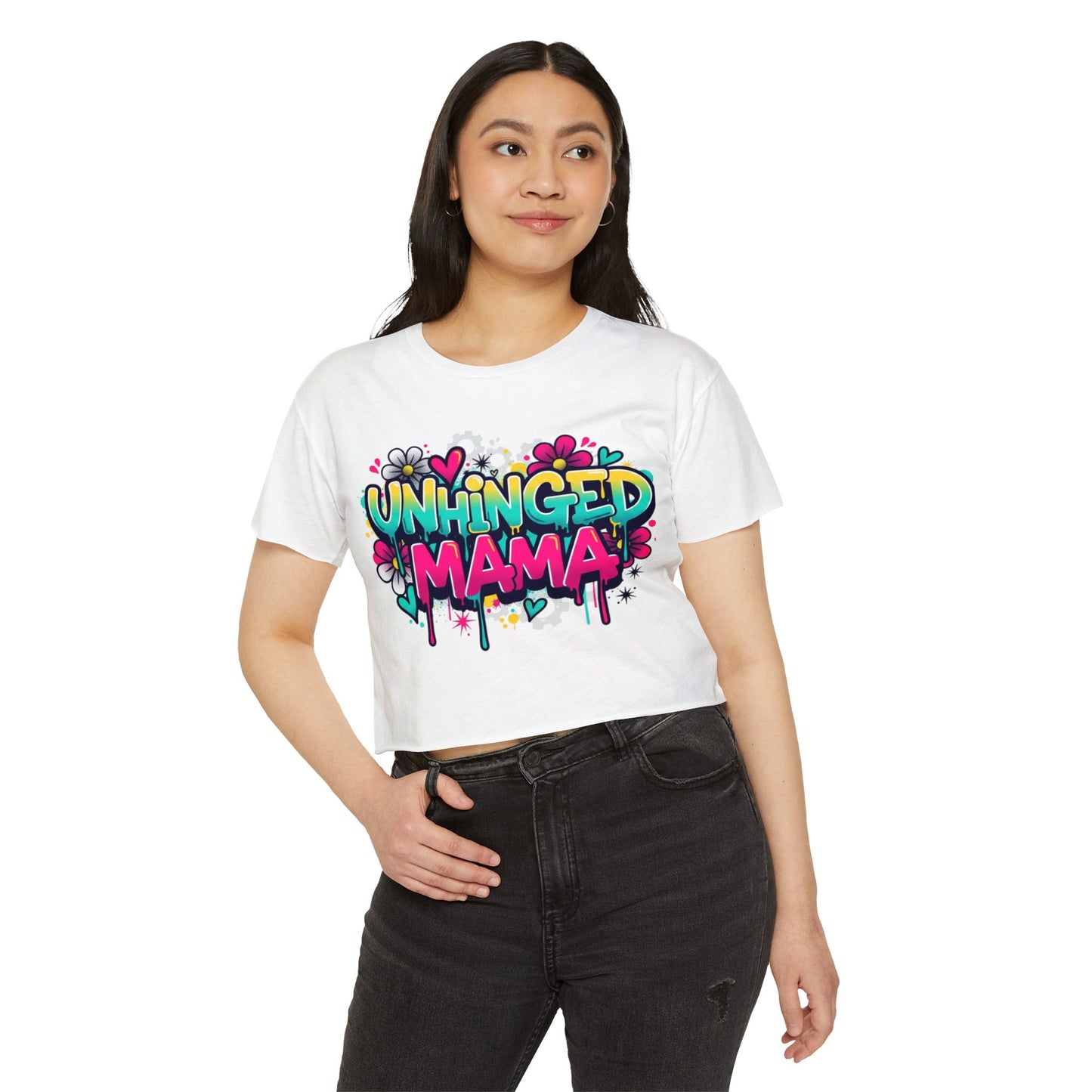 Unhinged Mama crop top | Graffiti mom design, colorful floral street art