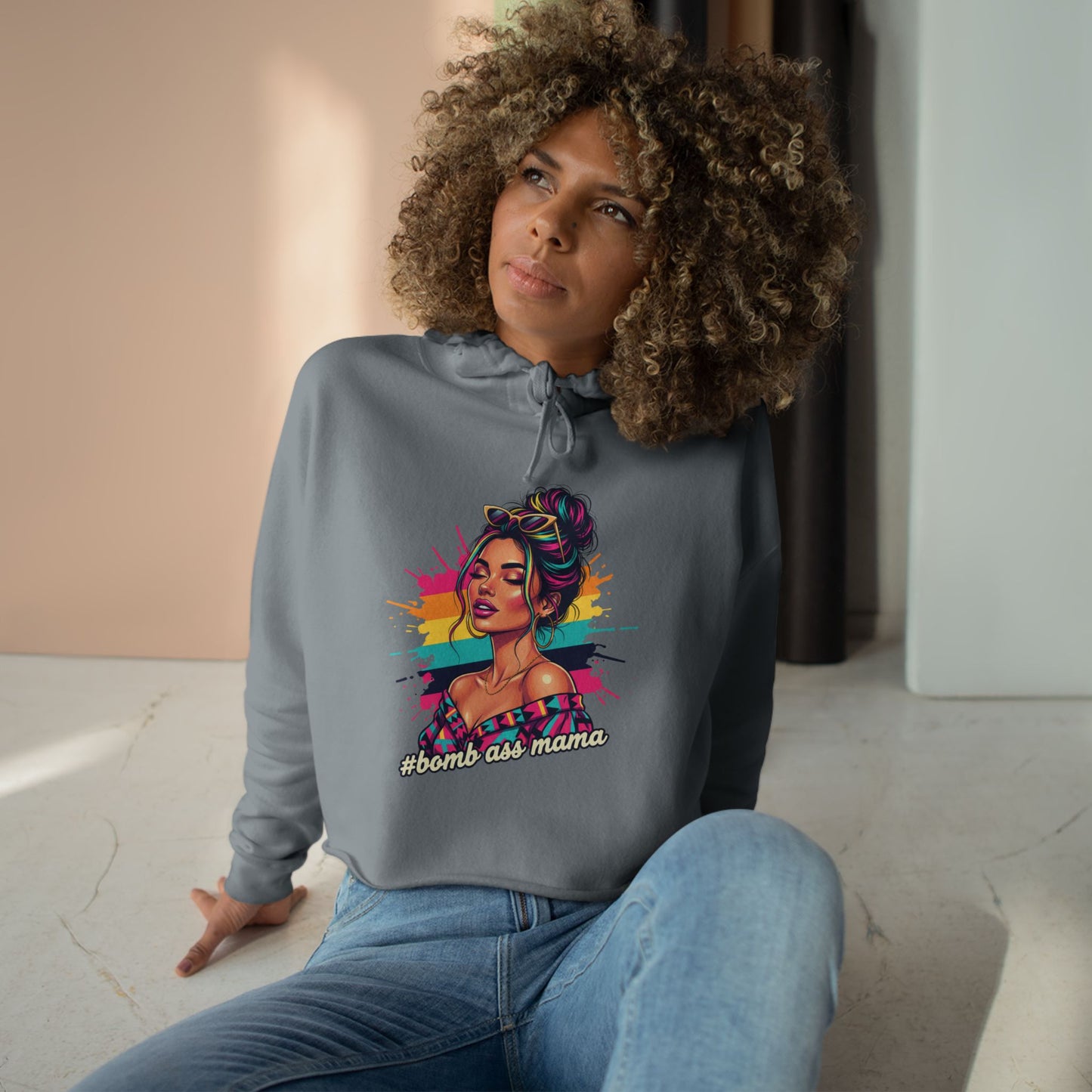 Colorful Pop Art Woman Crop Hoodie | Retro Paint Splash Portrait, Bad A*s Mama pullover