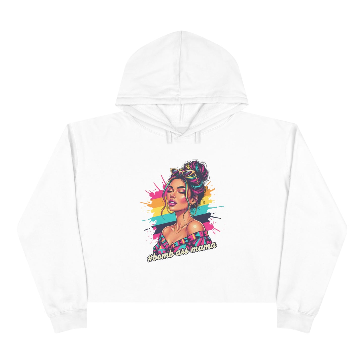 Colorful Pop Art Woman Crop Hoodie | Retro Paint Splash Portrait, Bad A*s Mama pullover