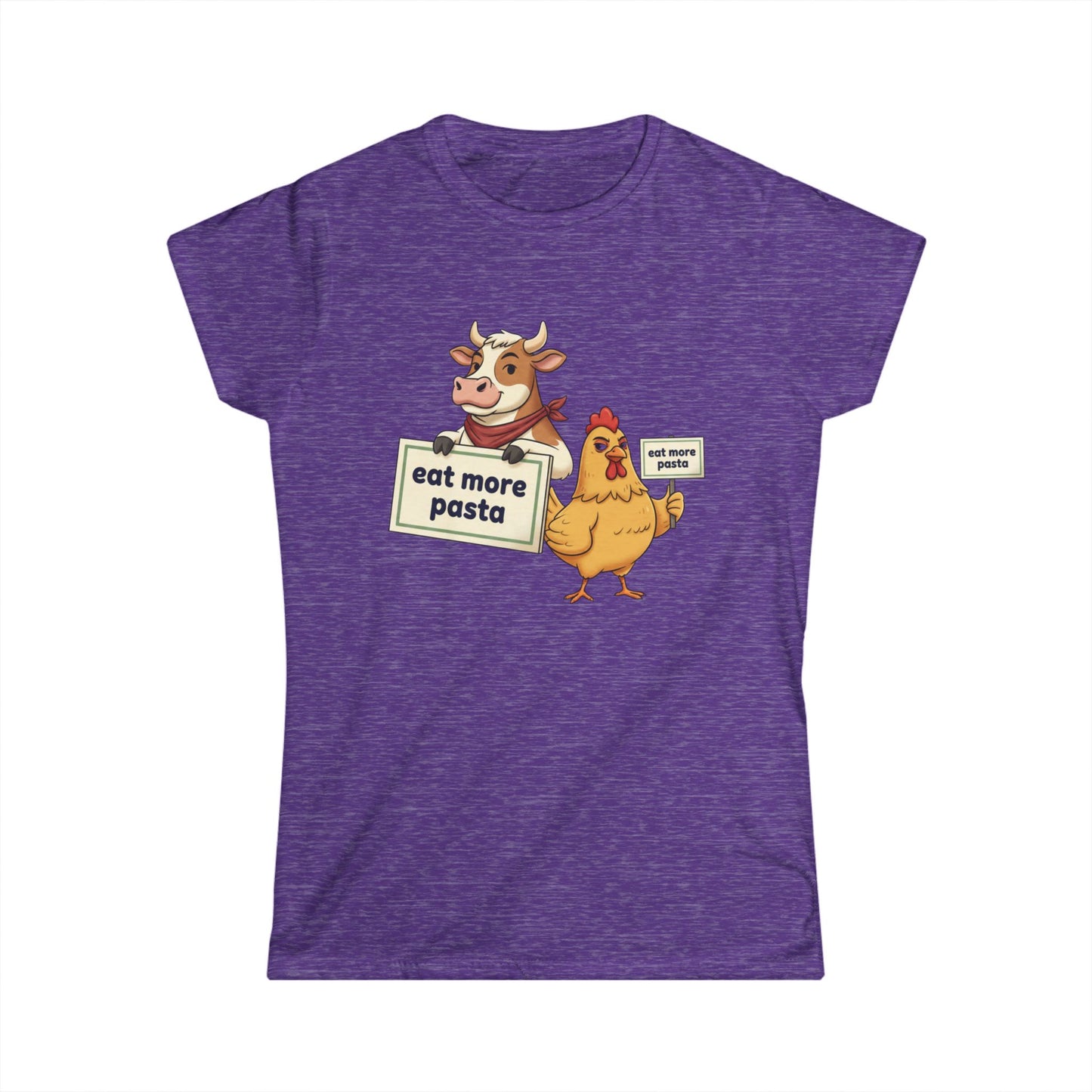 Women's Tee – Cute Cow & Chicken "Eat More Pasta" Cartoon Graphic
