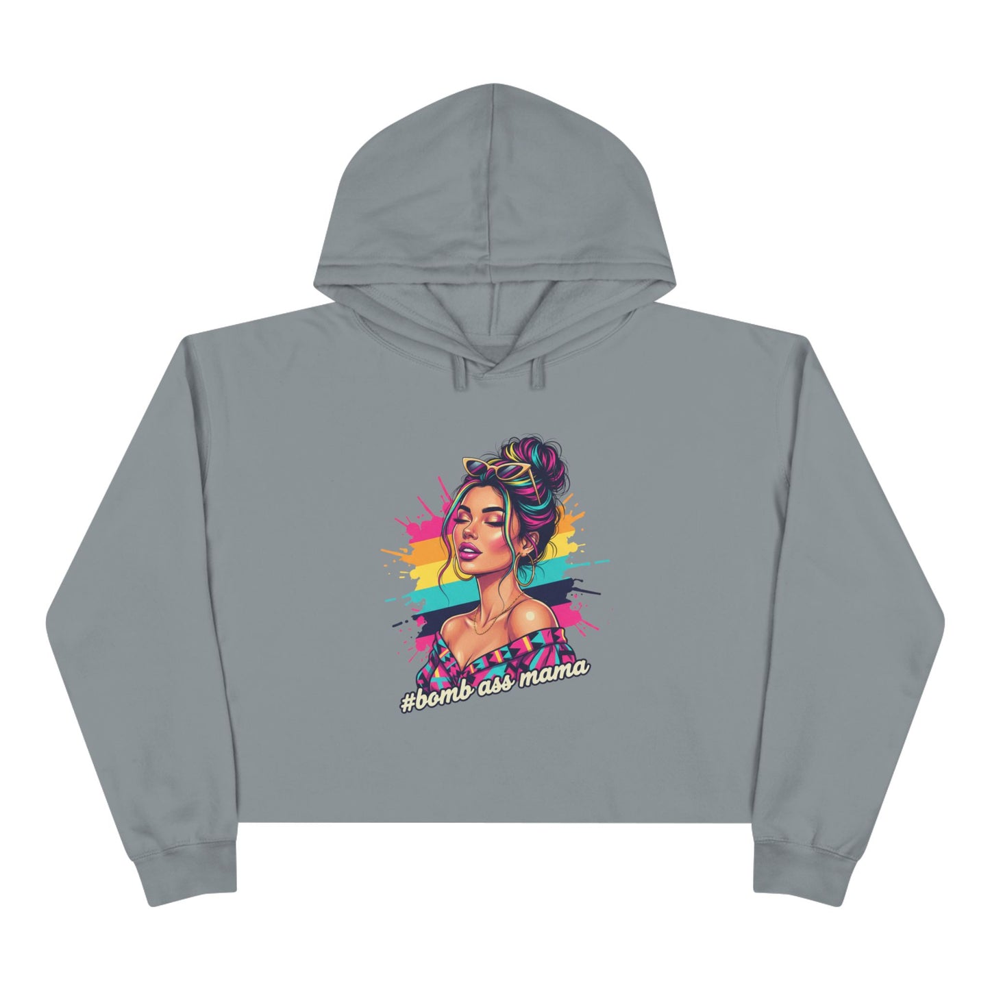 Colorful Pop Art Woman Crop Hoodie | Retro Paint Splash Portrait, Bad A*s Mama pullover