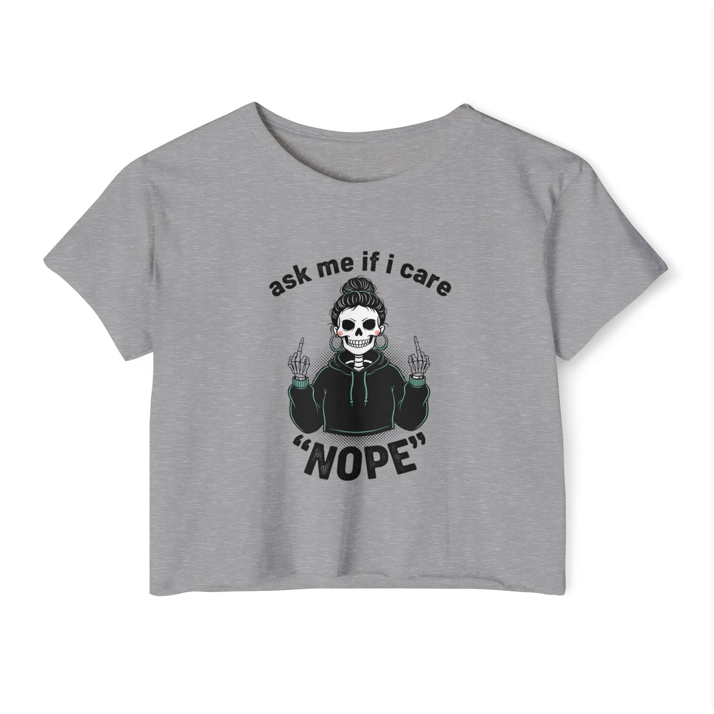 Crop Top — "Ask Me If I Care" Skull Graphic Festival Shirt