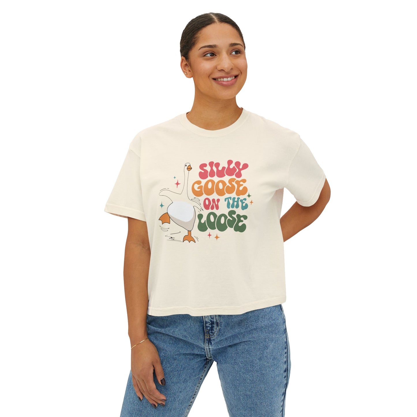 Silly Goose On The Loose boxy tee | Retro duck illustration, playful typography