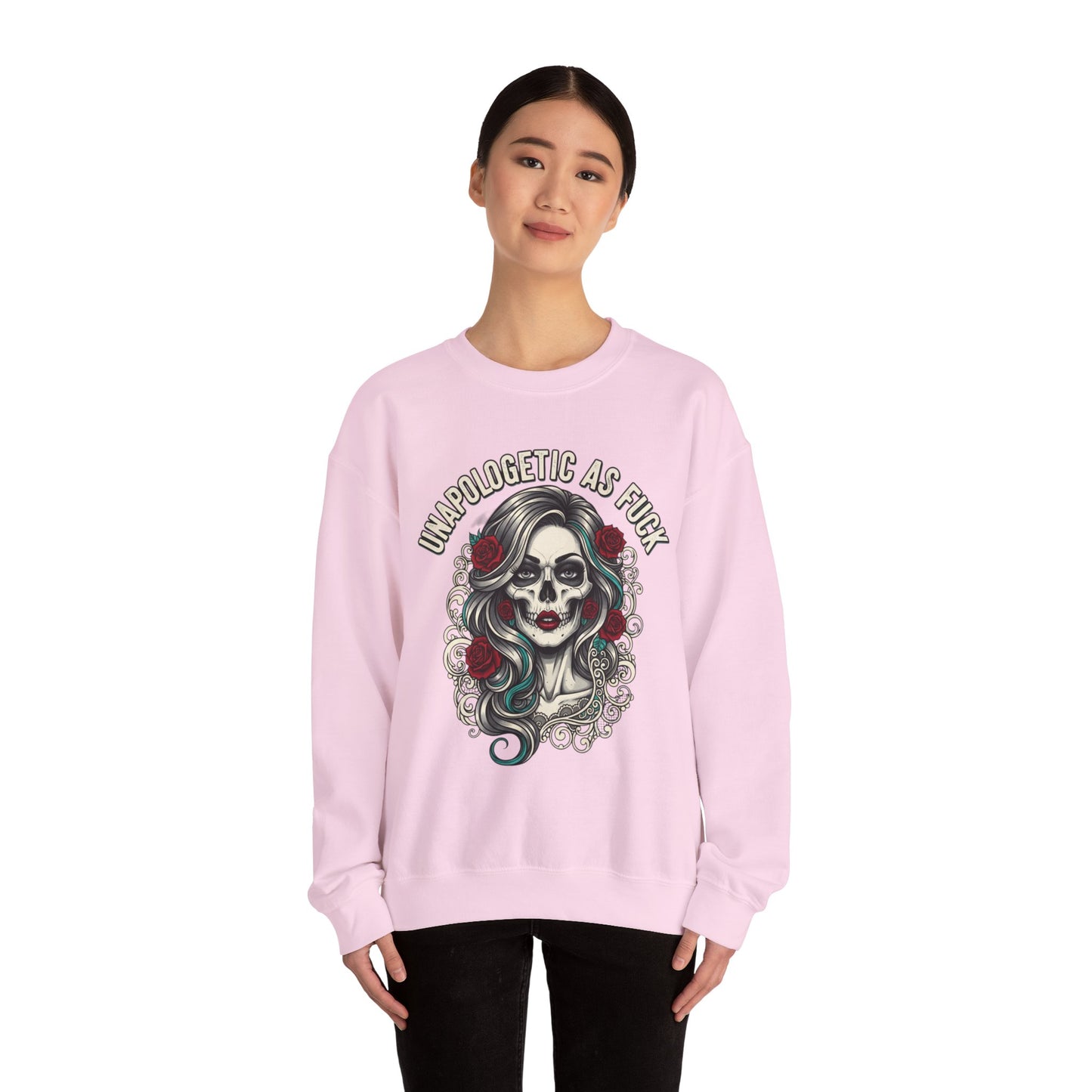 Unapologetic Skull Girl Crewneck Sweatshirt | Day of the Dead Floral Graphic