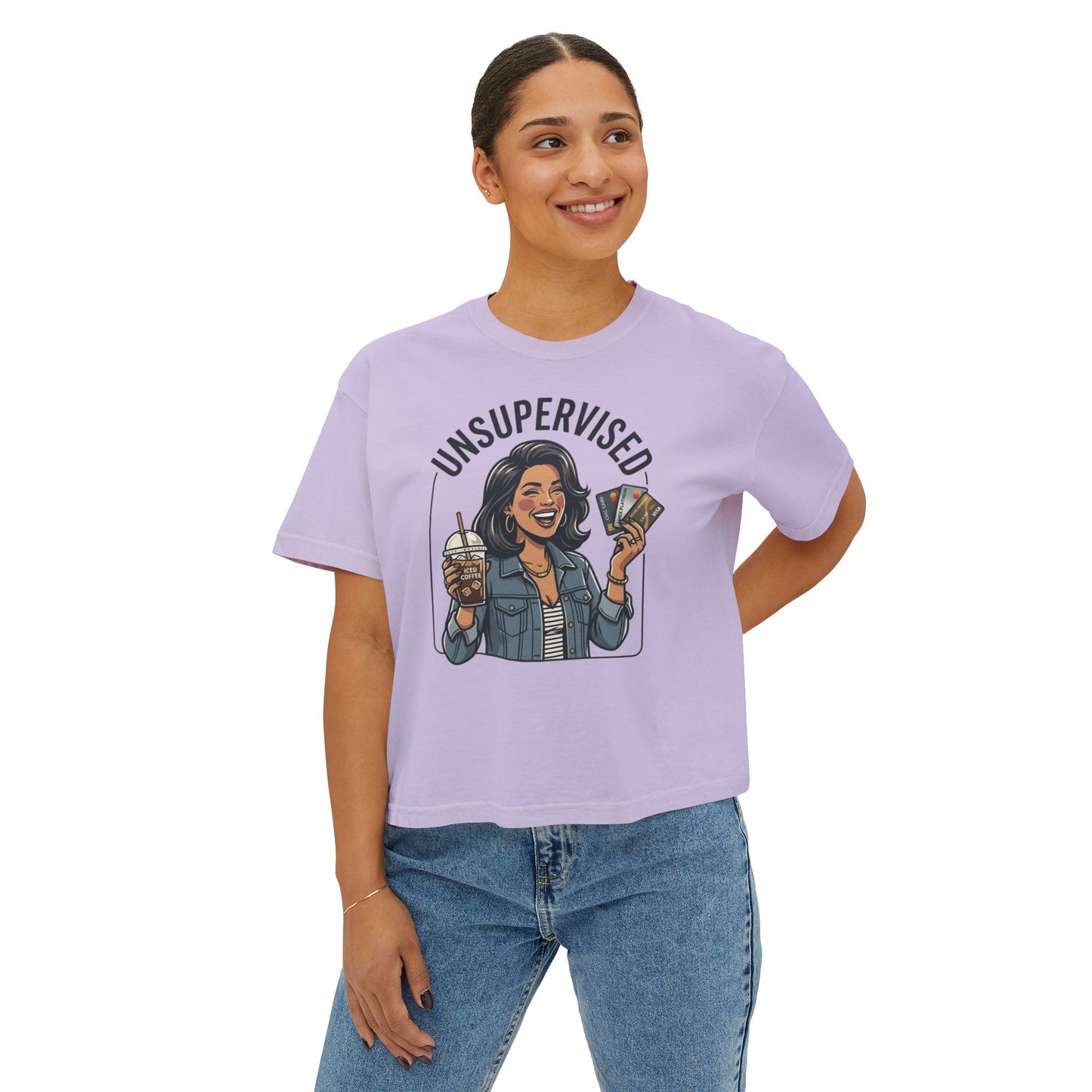 Unsupervised Women's Boxy Tee — Funny Graphic Coffee & Cards Design