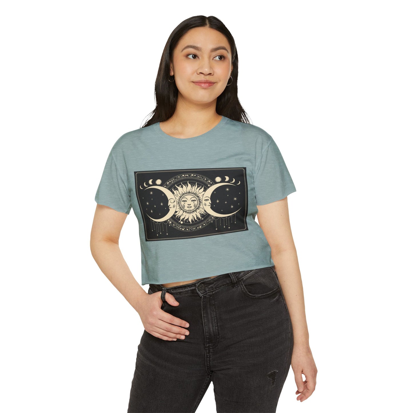 Celestial Sun & Moon Crop Top — Boho Festival Women's Tee