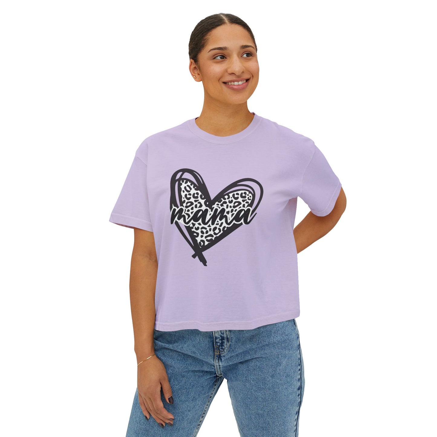 Mama Leopard Heart Boxy Tee — Cute Mother's Day Casual Top